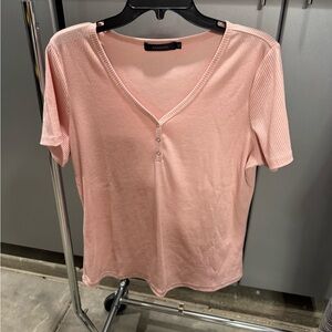 Pink Ribbed V-Neck Women's Top